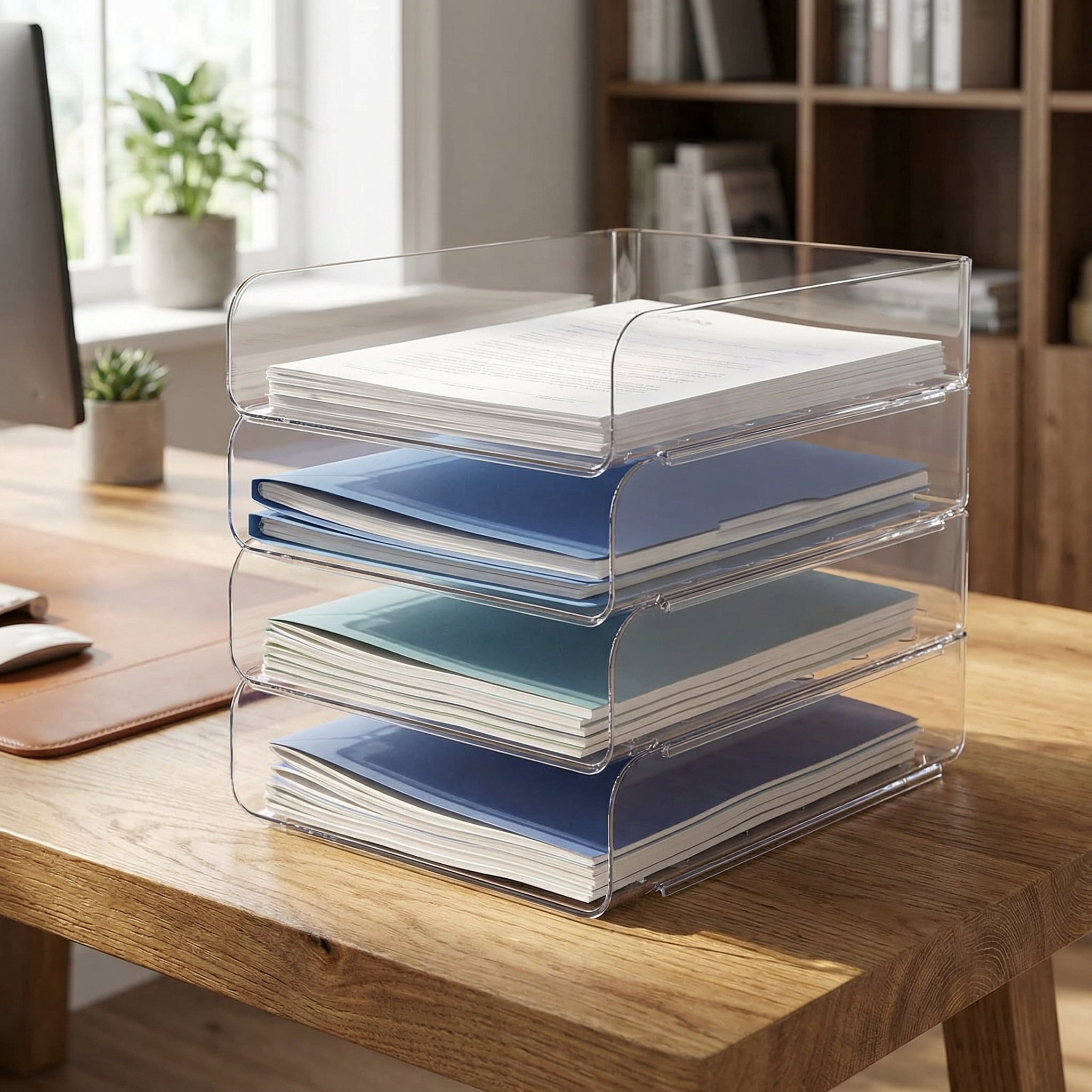Modular Stackable Desk Organizer, Set of 4 Clear PET Letter Trays for Paper, Documents, Pens & Office Supplies - Space Saving Office Storage