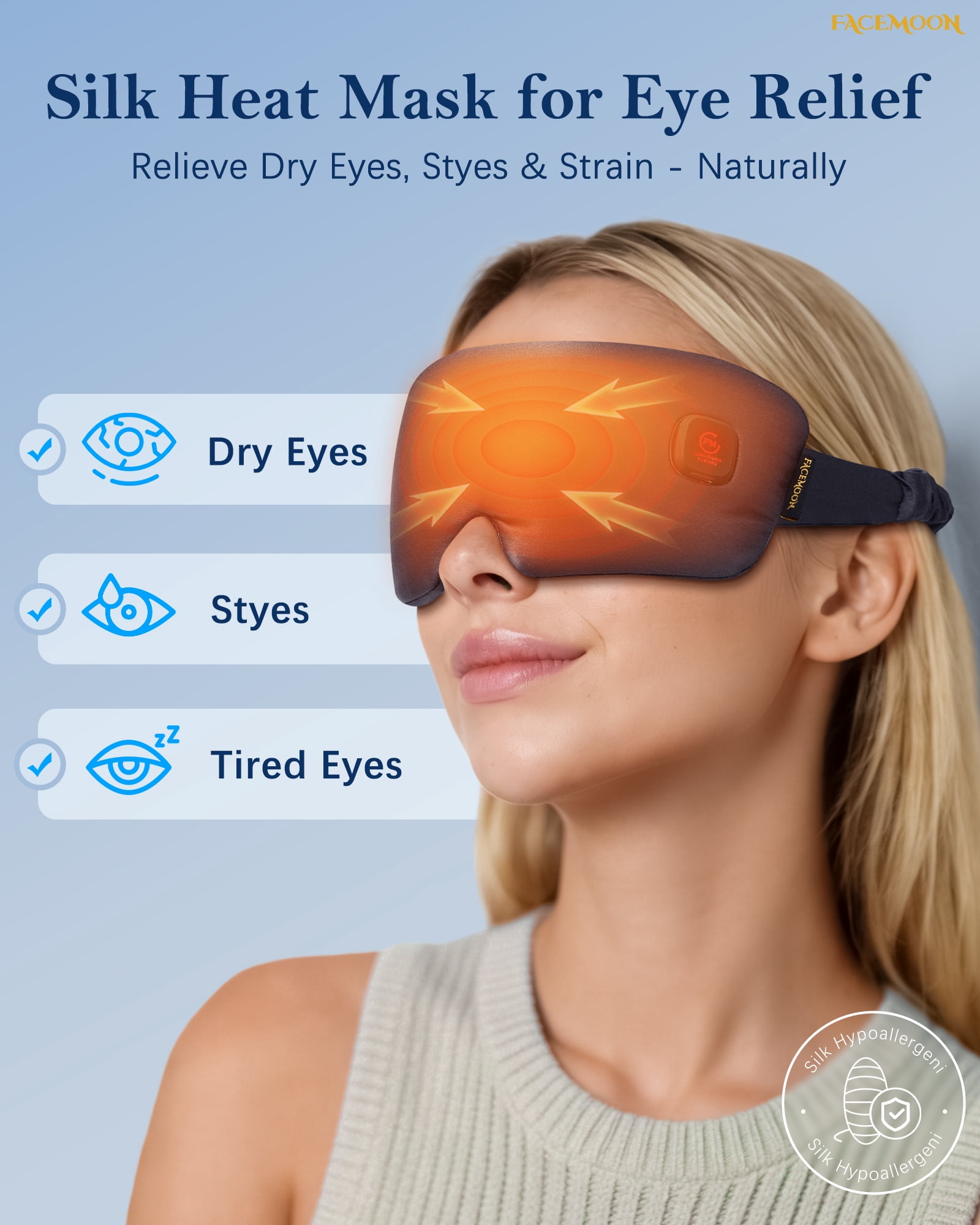 FACEMOON Cordless Silk Warm Eye Mask for Dry Eyes Comfort Moist Heat Sleep Relaxation Essential Blue