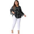 thumbnail image 2 of Agnes Orinda Women's Plus Size Dressy Blouse V Neck Mesh Casual Flowy Work Shirts 3/4 Flared Sleeve Tunic Tops 1X Black, 2 of 5