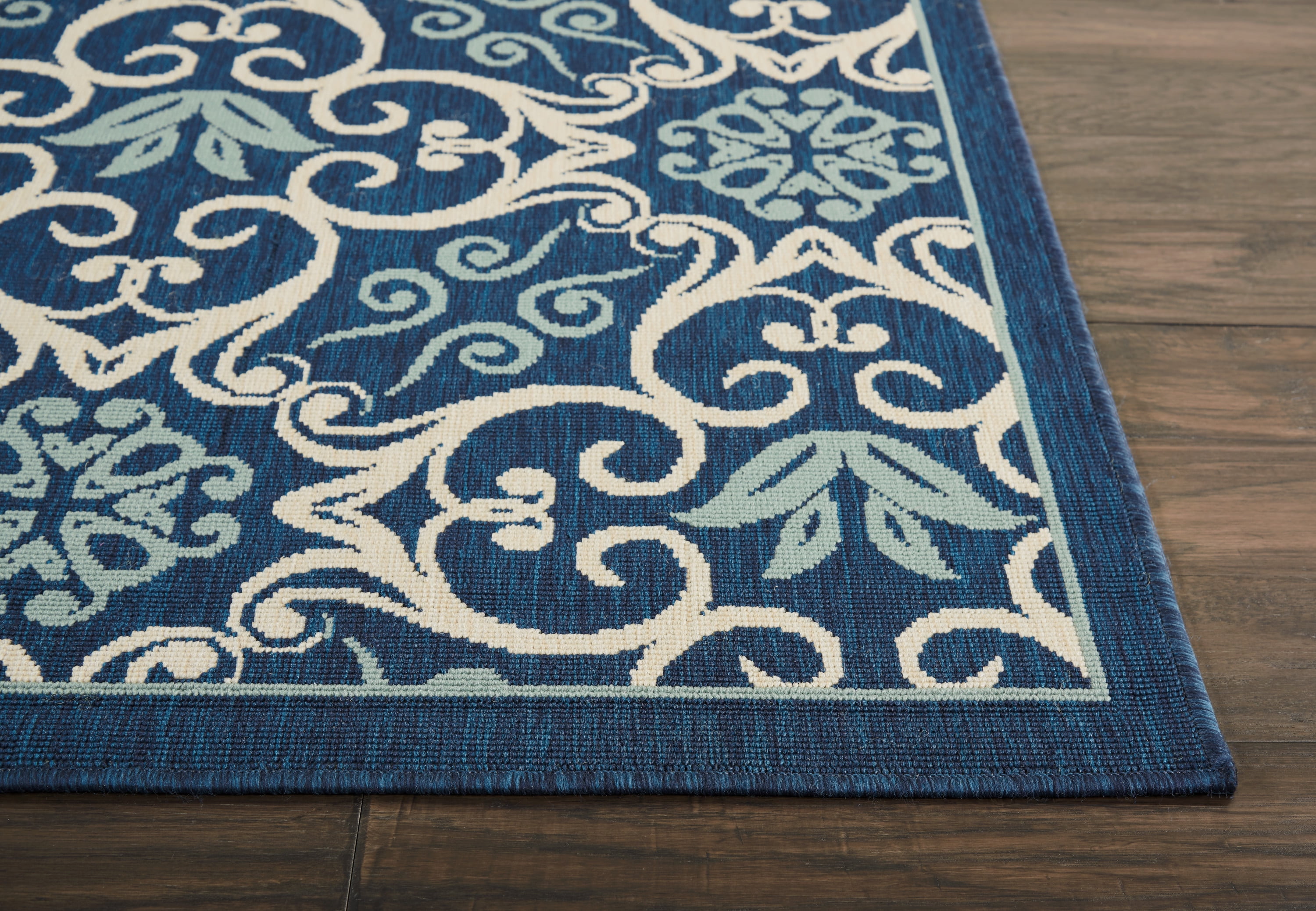 Nourison Caribbean Indoor/Outdoor Geometric Floral Navy 6'7" x 9'6" Area Rug, (7' X 10')