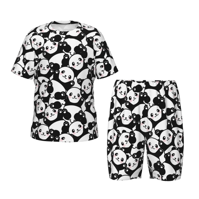 Fotbe Seamless Pattern Cute Panda Pijama Estampada de 2 Piezas para Niños – Ropa de Dormir de Manga Corta Cómoda para Niños y Niñas, Camiseta y Shorts de Algodón-Large