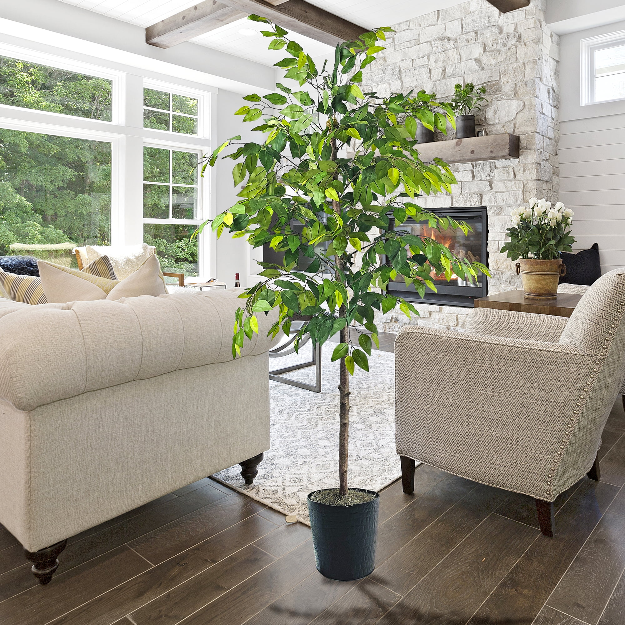 Mainstays Artificial Tree, Ficus Tree, 6 ft, Black Embossed Metal Planter