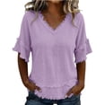 thumbnail image 3 of Women's Bohemian Raw Edge Cotton Linen Blend Short Sleeve Tunic Top Loose Fit Casual Blouse Summer Vacation Outfit Lightweight Everyday Wear Light Violet L, 3 of 9