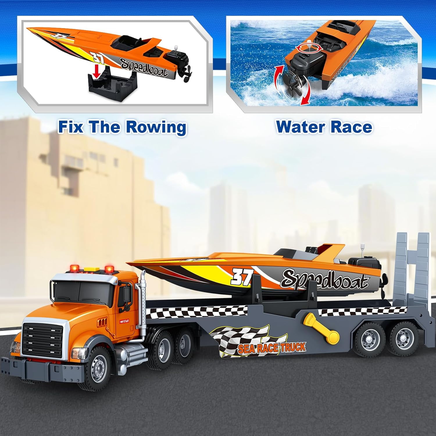 3-in-1 Large Flatbed Truck Toy with a Sea Race Truck, Friction Powered Vehicles Toys with Lights and Sounds, Gift for 3+ Year Old Kids Boys Girls