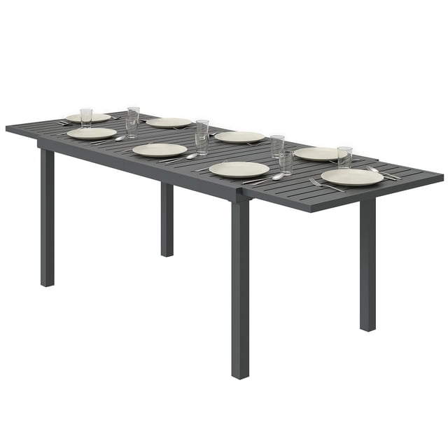 Table à Manger d'Extérieur Extensible, Table de Patio en Aluminium Résistant à la Rouille avec Dessus à Lattes, Longueur de 59 Pouces-89 Pouces pour 6-8 Personnes, Gris Foncé, Convient au Jardin, à la Cour Arrière Ou au Bord de la Piscine