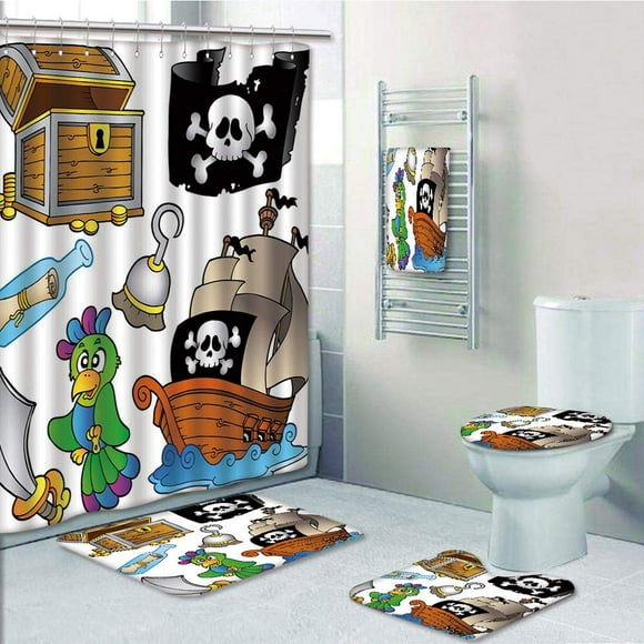 EREHome Pirate Pirate Collection Treasure Chest Jolly Roger Flag Ship Cutlass Parrot Cartoon 5 Piece Bathroom Set Shower Curtain Bath Towel Bath Rug Contour Mat and Toilet Lid Cover
