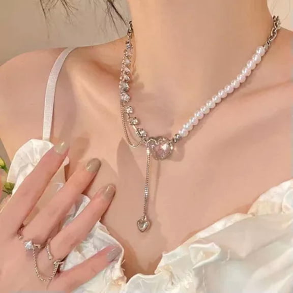 HOOUN Elegant Light Luxury Pearl Necklace Pendant Choker Collarbone Chain Versatile@-A3