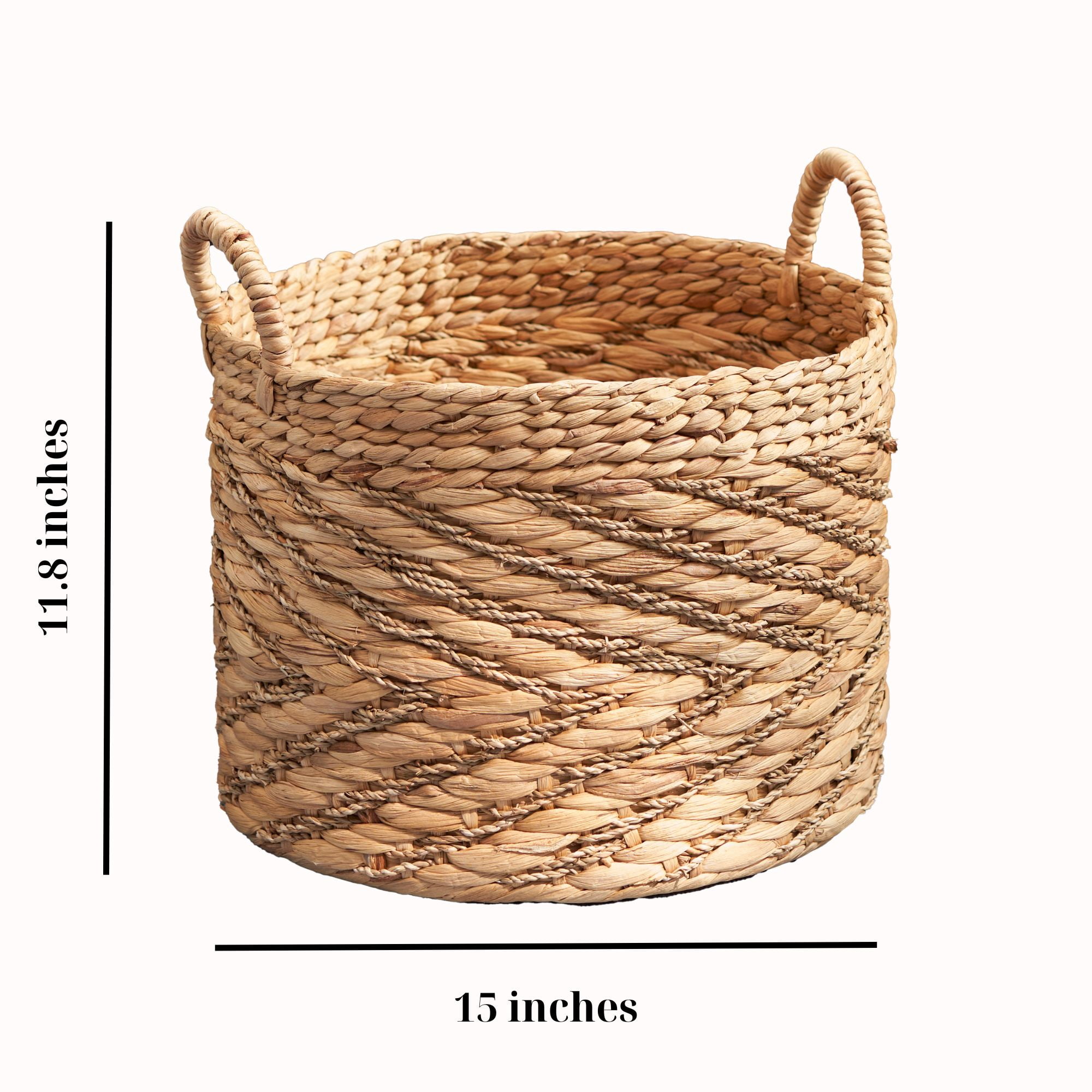 Water Hyacinth Seagrass Woven Basket with Handles, For Clothes, Towels, Canvas, Toys and Magazine Storage and Home Decoration, Natural Brown 15" x 15" x 11.8"