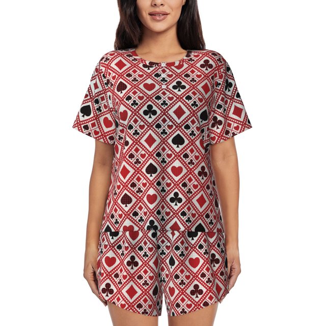 Fotbe Poker Conjunto de Pijama Estampado para Mujer, 2 Piezas, Ropa de Dormir con Camiseta de Manga Corta y Shorts Suaves-Large