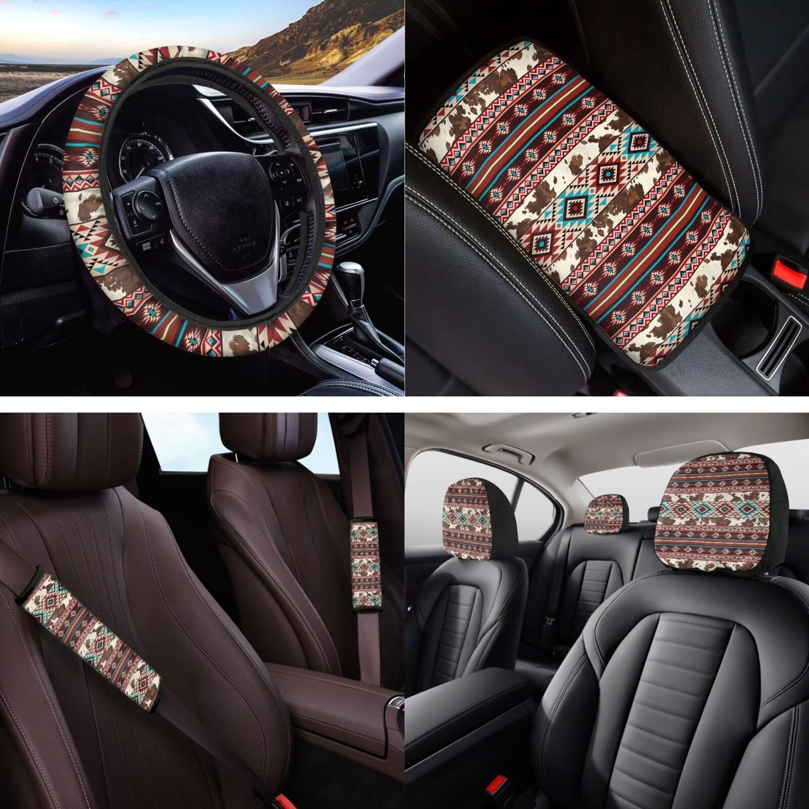 Yuyamidu 14 PCS Aztec Car Seat Cover Full Set Cow Print Steering Wheel Cover Seat Belt Pad Cover Coasters Armrest Cover Keychain Car Headrest Covers Decor Accessories