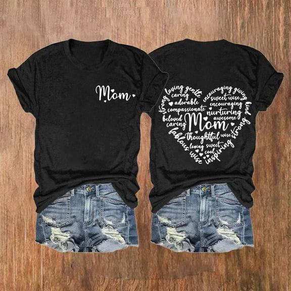 Dorinao Mama Shirts for Women Short Sleeve Love Letter Printed Graphic Mom Tee Tops, Black, L