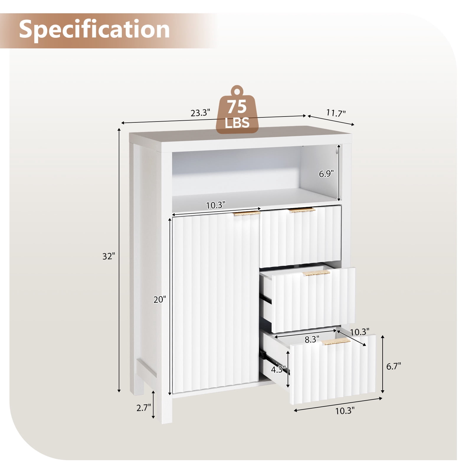 Ktaxon Fluted MDF Bathroom Floor Cabinet with Grille Single Door and Three Drawers, White