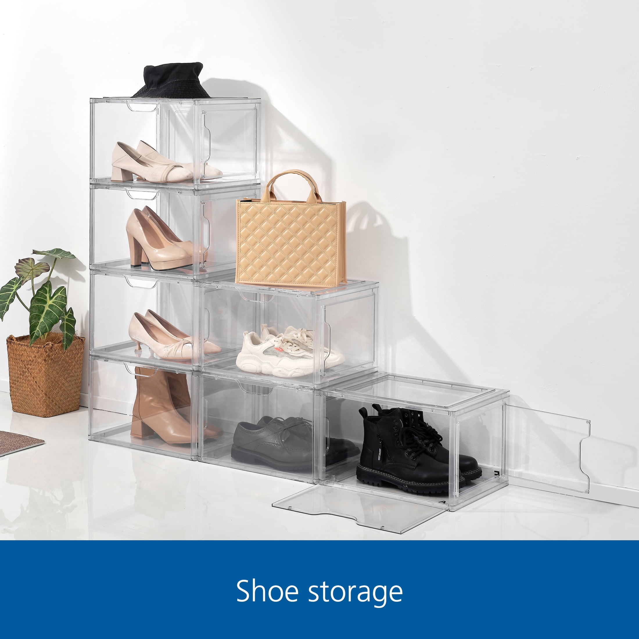 Mainstays 3 Pack Stackable Clear Glossy Plastic Drop Front Shoe Organizer, Adult Size, 1 Tier