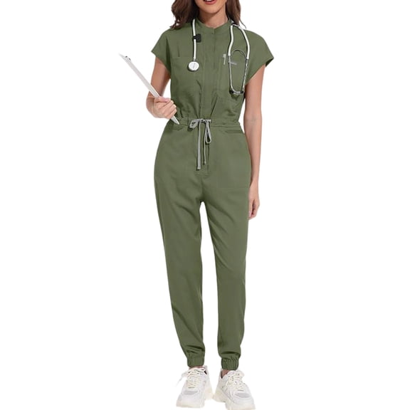 Womens Scrubs Set Spring Summer Short Sleeve Scrub Top & Jogger Scrub Pants Stretch Nursing Scrubs Set Quick Dry Uniform Suits with Multi Pocket for Nurse Esthetician Army Green XL