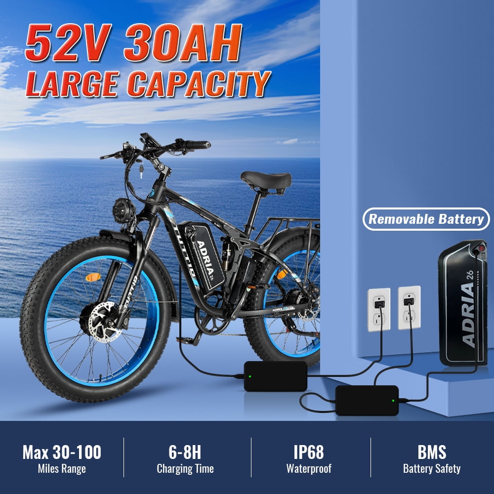 TUTTIO Dual Motor Electric Mountain Bike for Adults Teen, 26" Fat Tire Off-road E-Bike for All Terrain with 52V 25Ah Removable Battery, Max 46mph & Range 100miles, 210Nm High torque - UL 2849