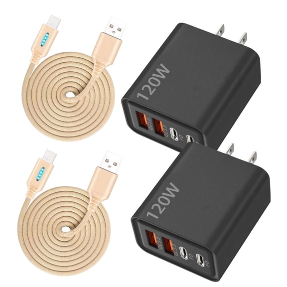 KOYPTL 120W 4-Port Fast Charger Block with Type-C Charging Cable,2 USB-A QC3.0 & 2 USB-C PD Wall Charger,Multi-Port Charging Adapter Wall Plug for iPhone,Android Phones,Laptops,Travel & Home Use