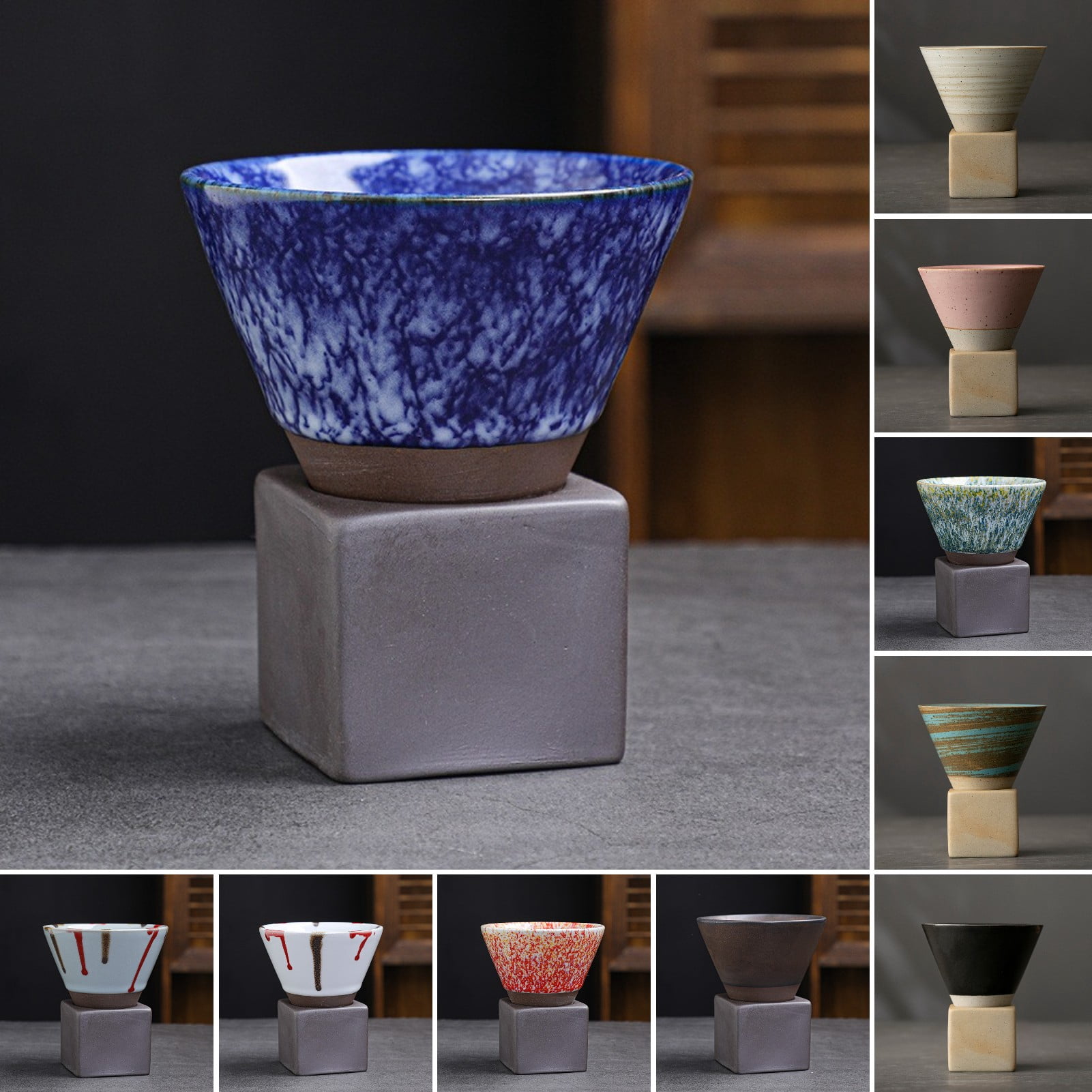 HomeLife 150ML Ceramic Funnel Coffee Cup with Base Heat-resistant Handmade Japanese Style Latte Cappuccino Tea Espresso Tapered Mug Birthday Gift