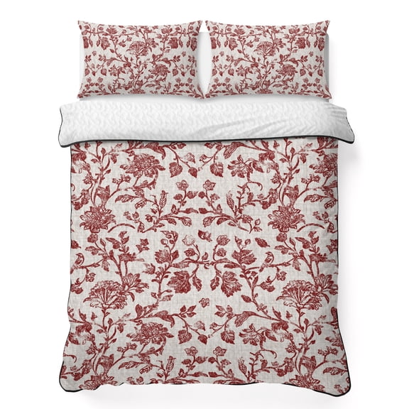 King Quilt Set 96''x106'', Farmhouse Red Lightweight Summer Bedspread Coverlet Set with 2 Pillow Shams, Vintage Flower Leaf Botanical Plant Breathable All Season Quilt Bedding for Bedroom/Guest Room