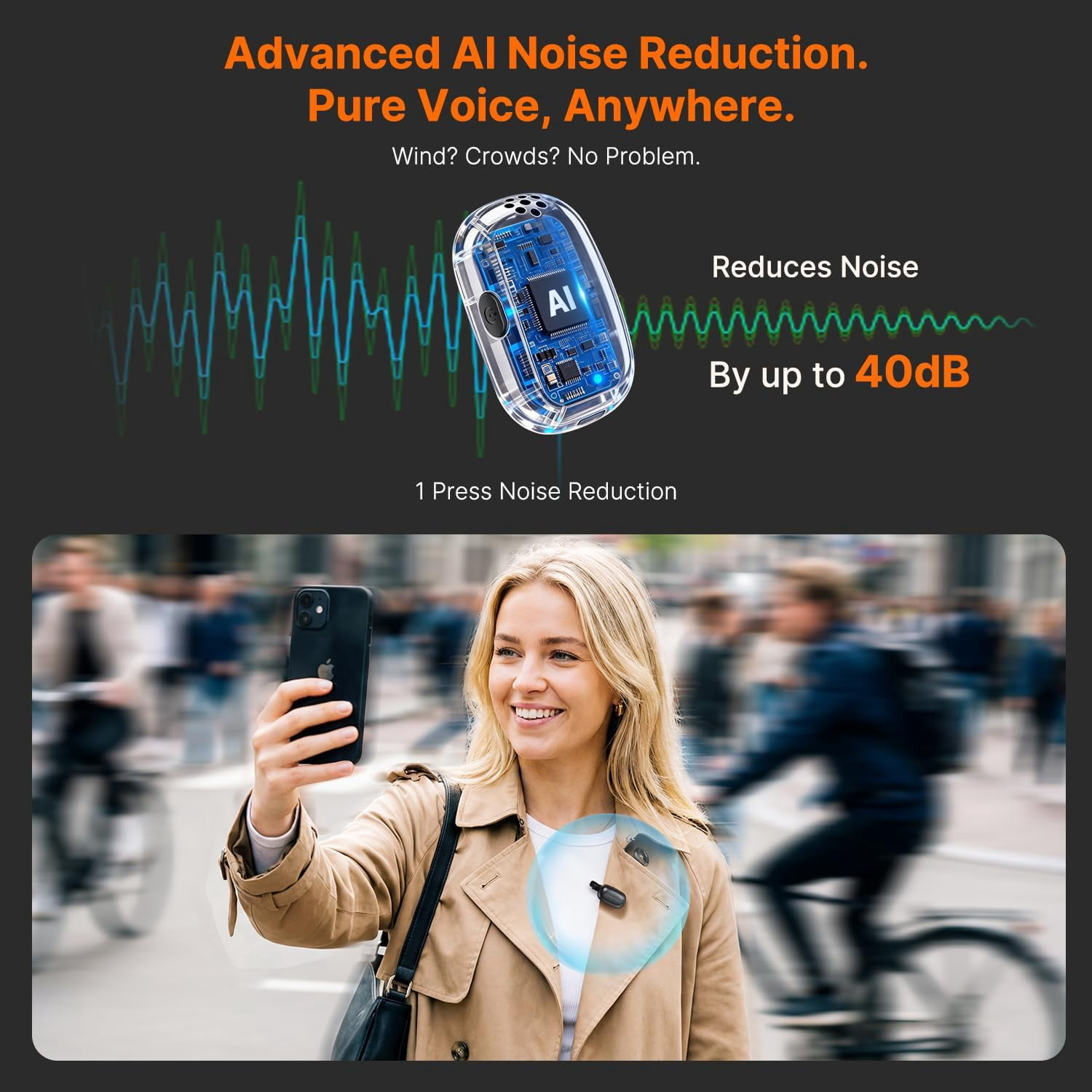 Wireless  Microphone for  Android with AI Noise Cancellation Clip on Content  Mic for Interview  Vlogging 2  2 RX Charging