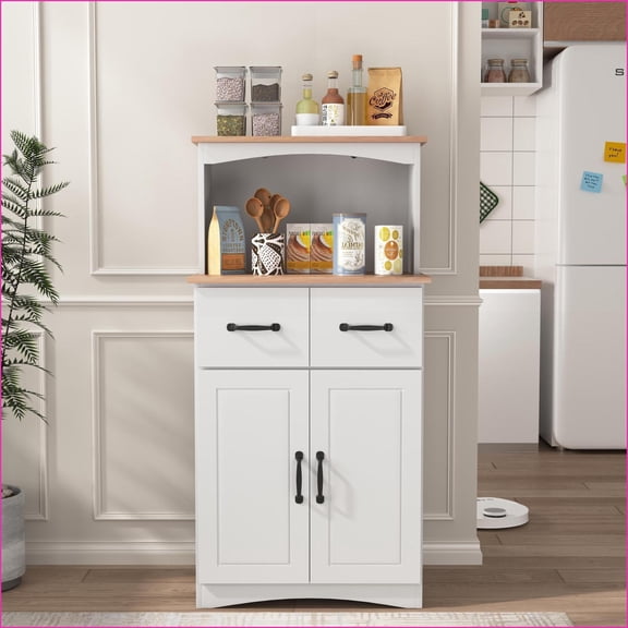 Kitchen Pantry Cabinet, Modern White Microwave Stand with Drawer & Storage | MDF | Waterproof Finish