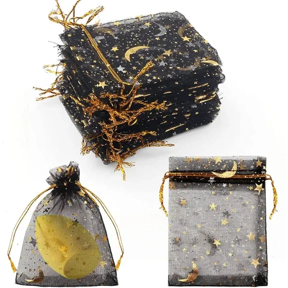 120 Pieces Moon Star Organza Jewelry Candy Bags, 2.7x3.5 Inch Sheer Black Organza Pouch Small Gift Bags with Drawstring for Wedding Christmas Party Favors