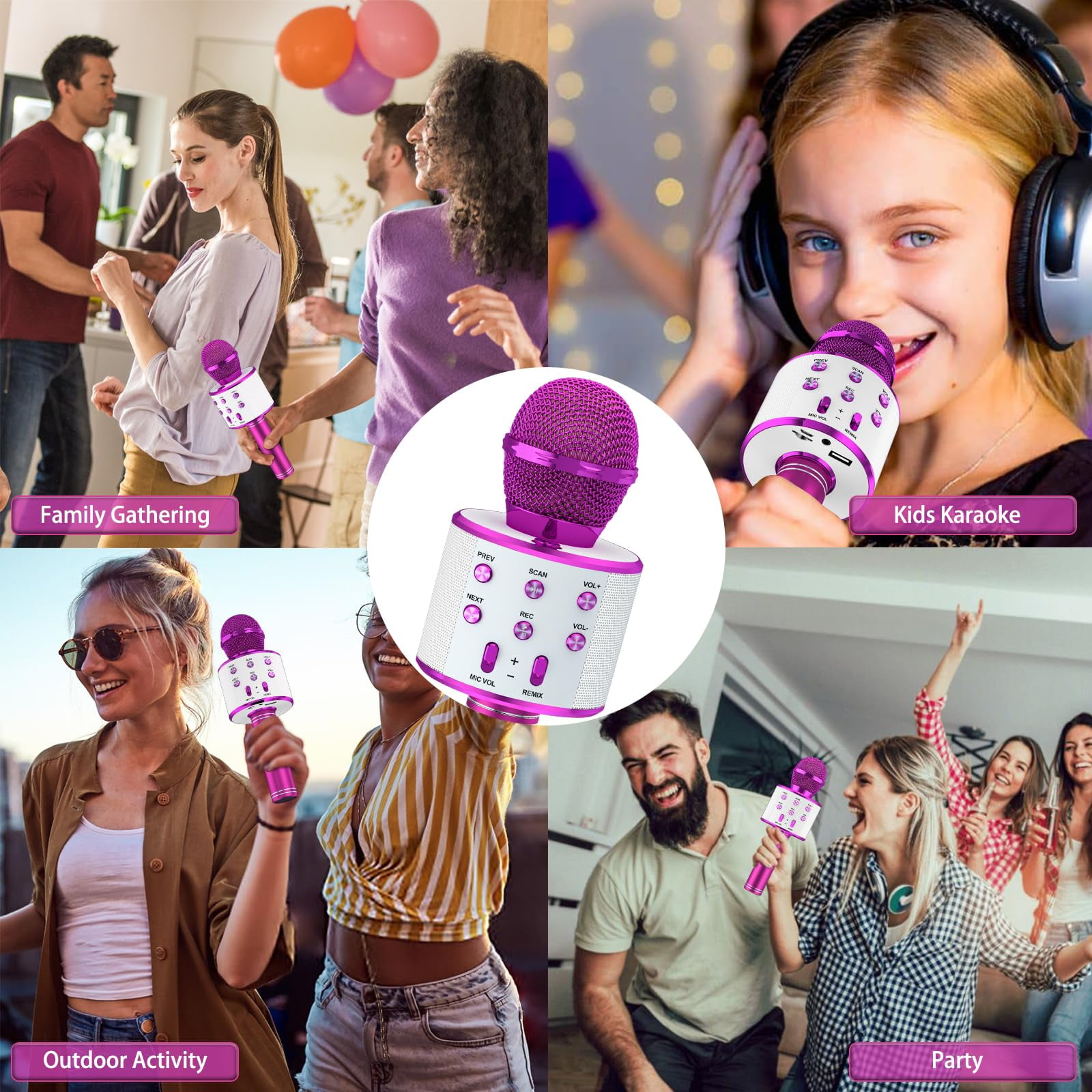 DAKIMOE Wireless Bluetooth Karaoke Microphone, Portable Handheld Singing Microphone for Kids Adults with Stereo Speaker and Voice Changer for All Smartphones, Gifts for Girls Kids Adults, Purple