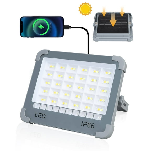 LED Work Light Solar & Plug Rechargeable, Flood lights Outdoor IP66 Waterproof with 4 Modes LED for Emergency, Garage, Camping,Car Repair