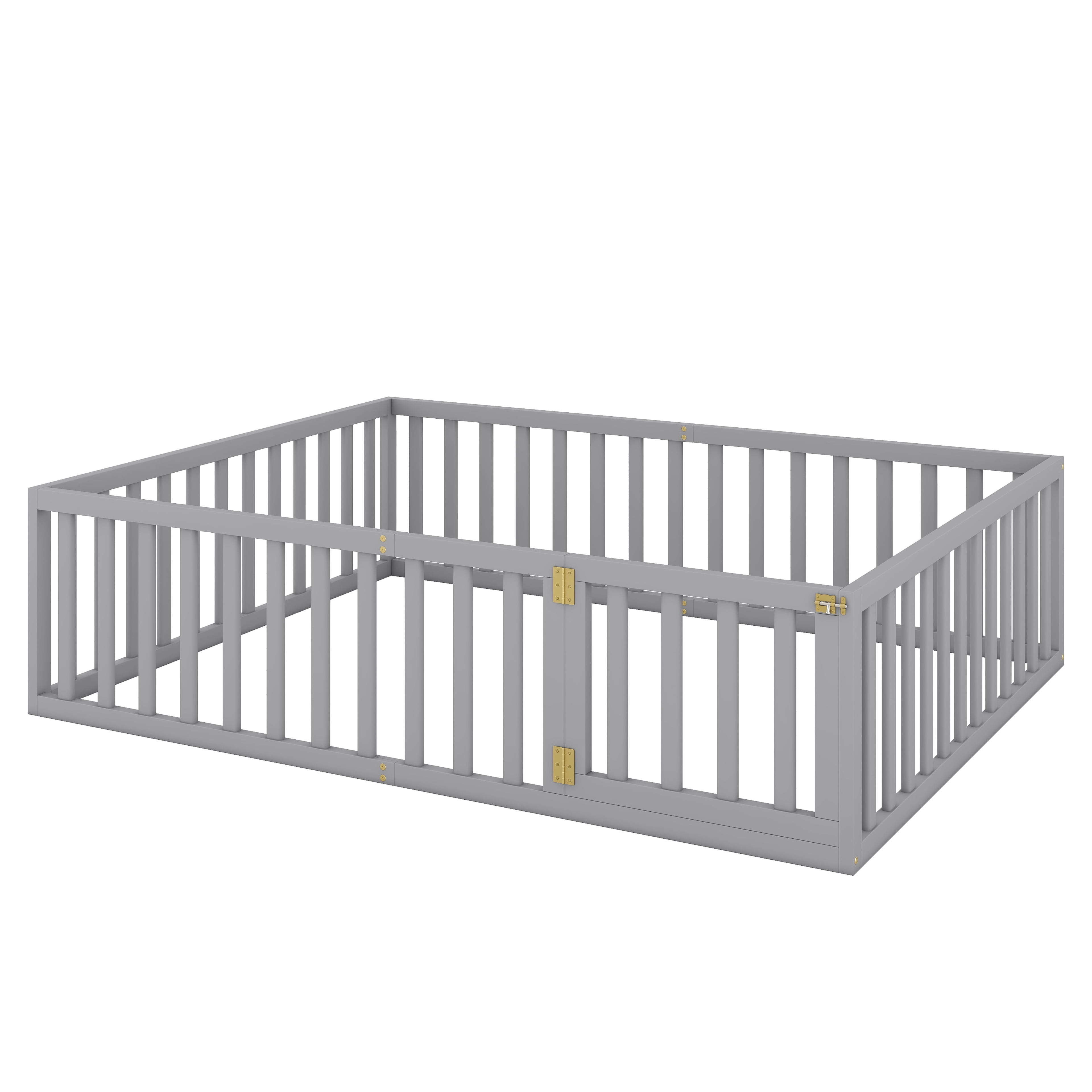 Harper & Bright Designs Montessori Floor Bed, Queen Size Floor Bed with Fence and Door, Floor Bed Frame with Guardrails for Boys Girls, Gray