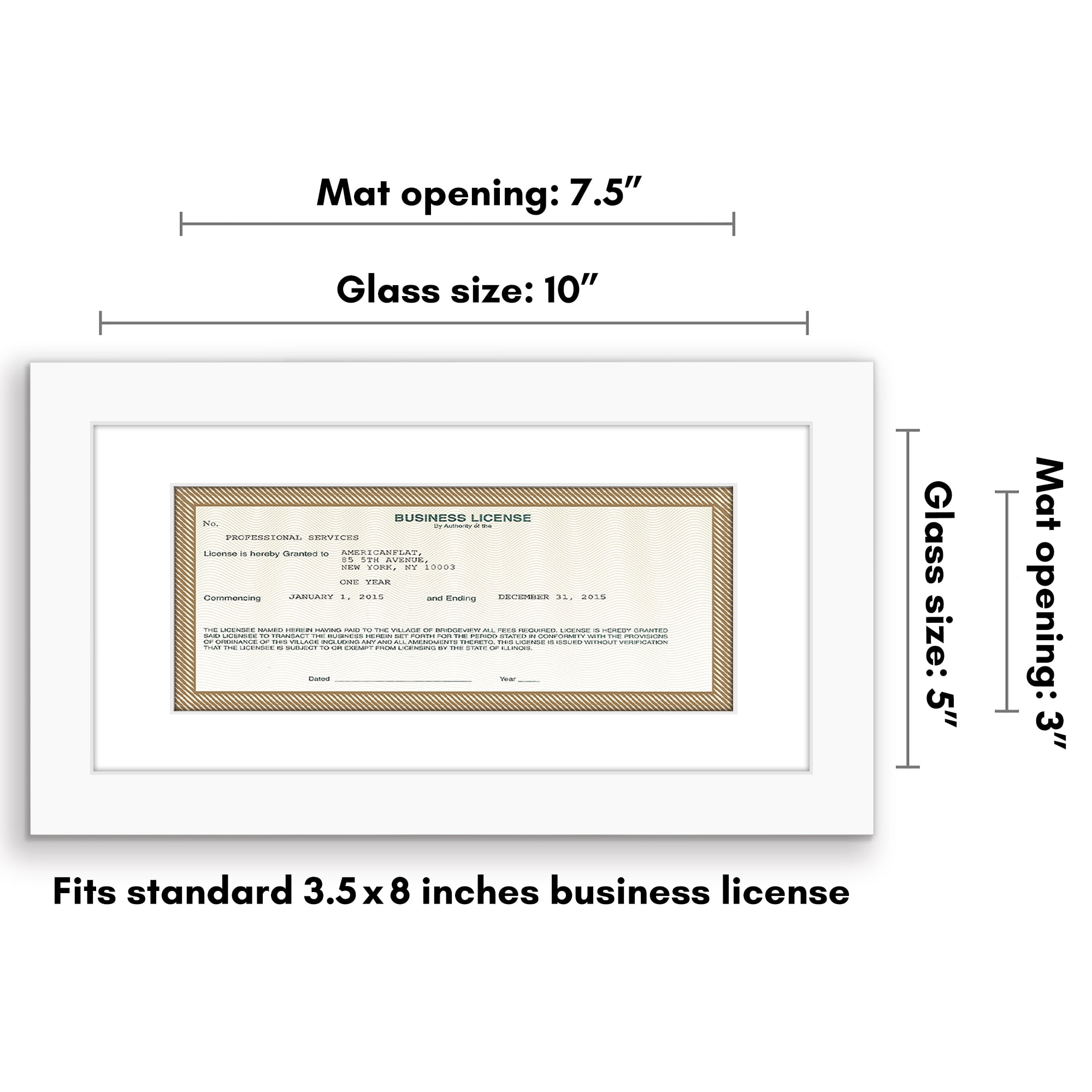 Americanflat 5x10 Picture Frame with Shatter-Resistant Glass with 3.5x8 Mat Business License Display - White