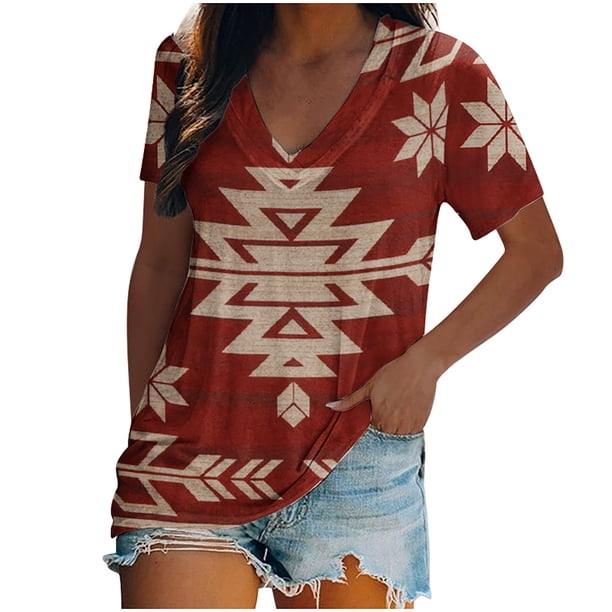 Tops de impresión de manga corta de ocio con cuello en V de moda para mujer Fridja bn7073