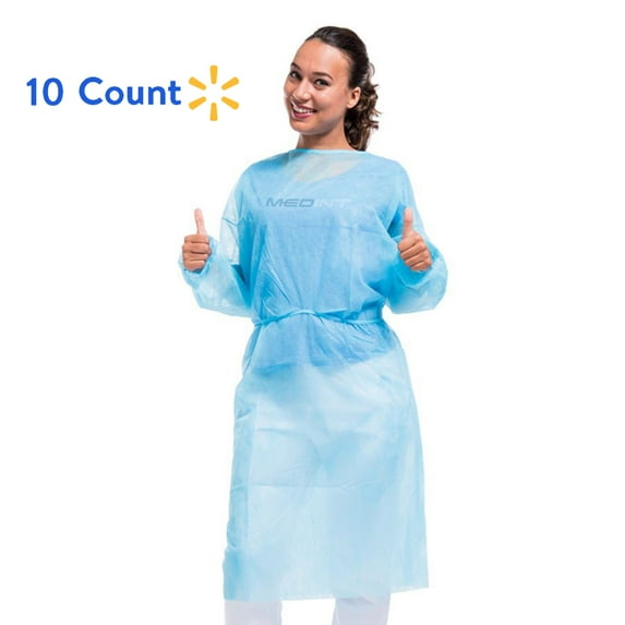 Medint Disposable Blue Isolation Gown - First Aid, Medical, Dental Duty Gowns - Fluid Resistant Clothing for Doctors, Nurse, Adults, Men, Women - No Latex Lab and Hospital Supplies
