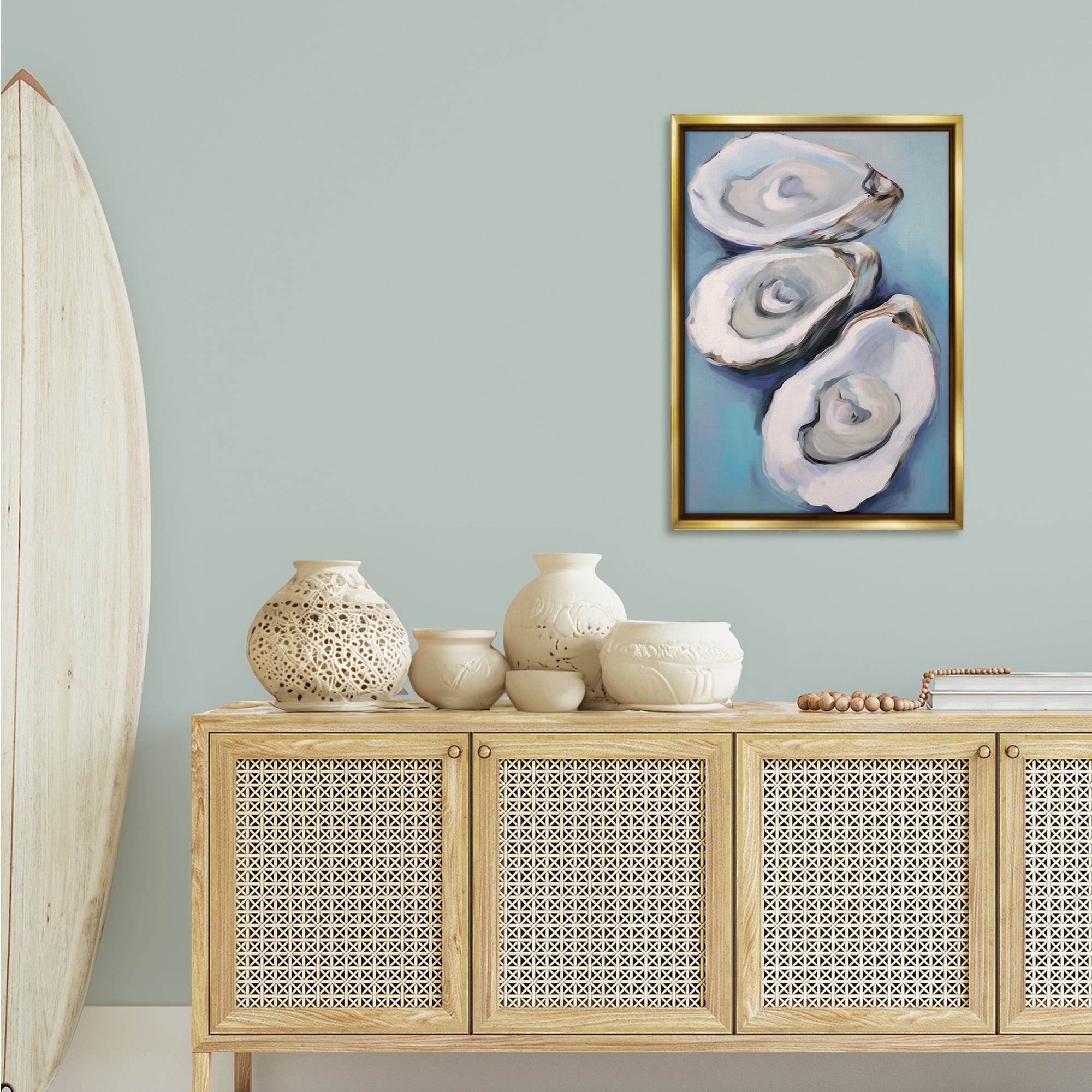 Stupell Industries Oyster Seashell Trio Animals & Insects Painting Gold Floater Framed Canvas Art Print Wall Art, 21 x 31