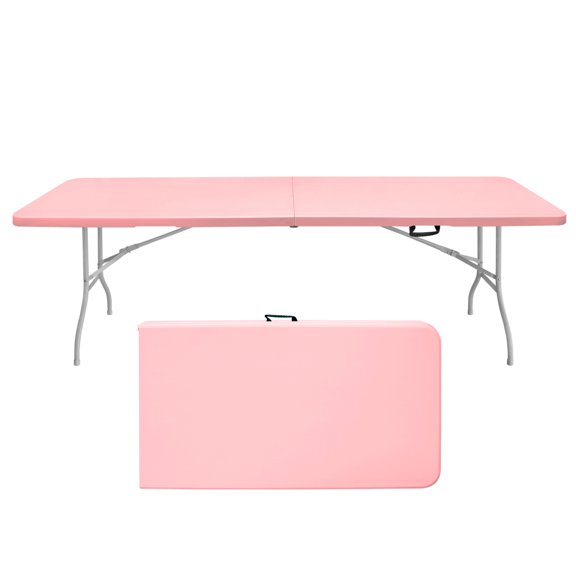 8Ft Pink Folding Table, Portable Plastic Table for Camping, Picnics, and Parties