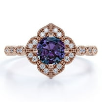 JeenMata Antique 1 Carat Round Cut Synthetic Alexandrite and Moissanite Milgrain Flower Engagement Ring in 18k Rose Gold over Silver