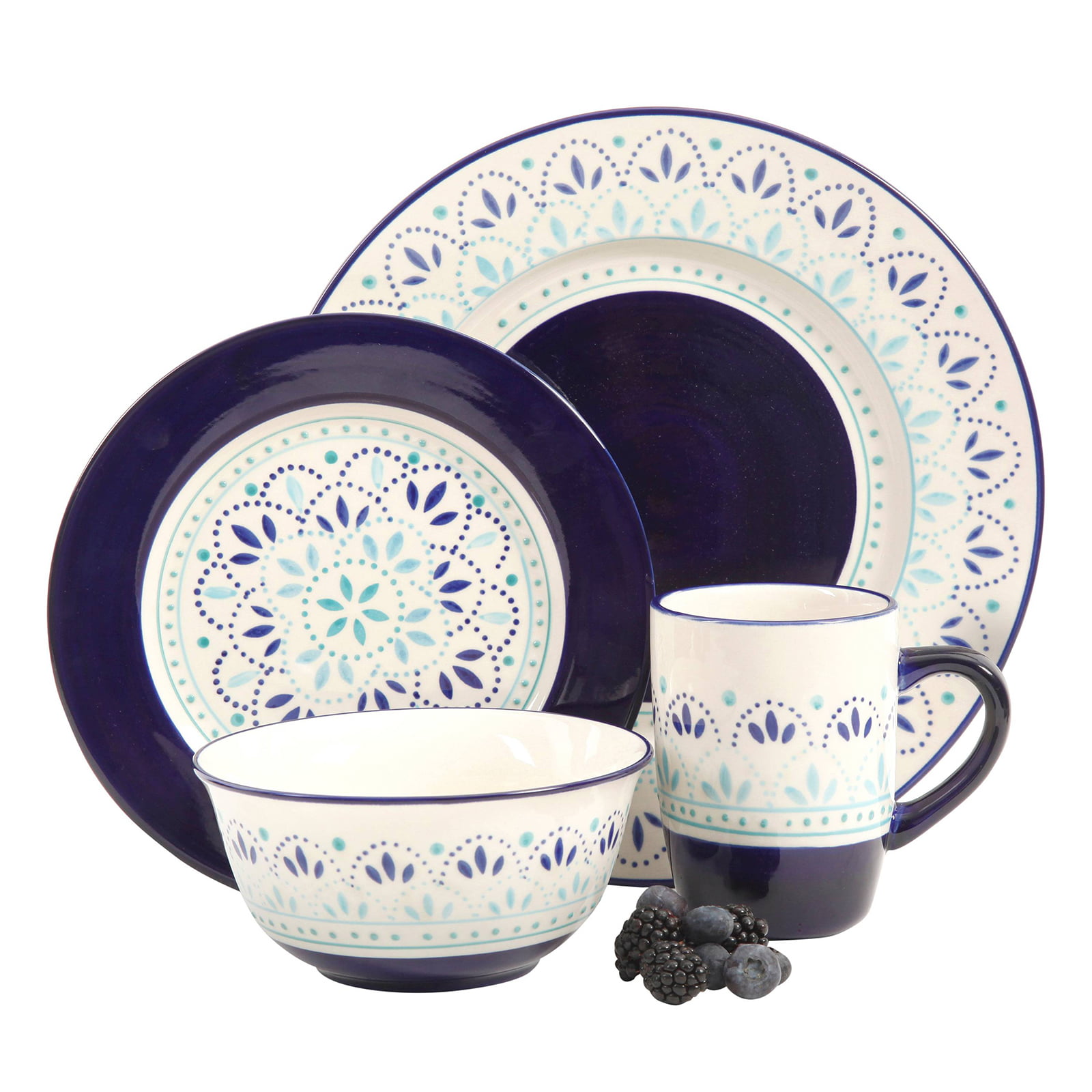 Kamille 16 Piece Stoneware Dinnerware Set, White/Blue - Walmart.com ...