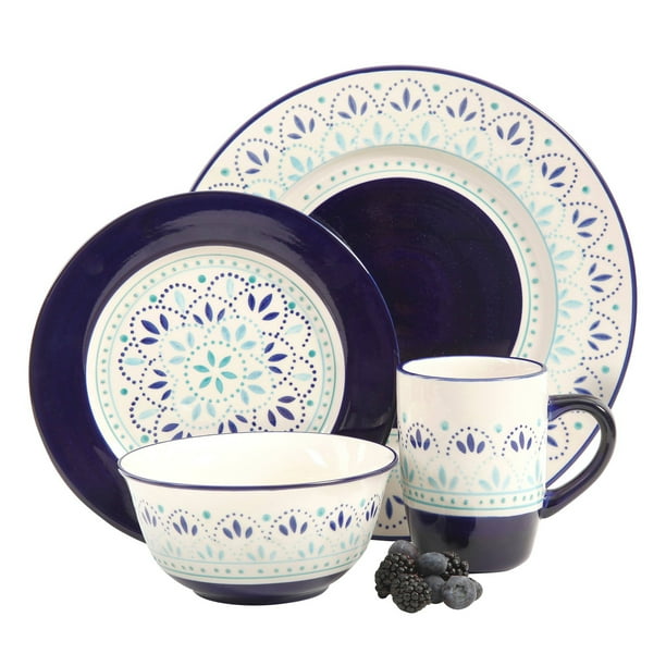 Kamille 16 Piece Stoneware Dinnerware Set, White/Blue