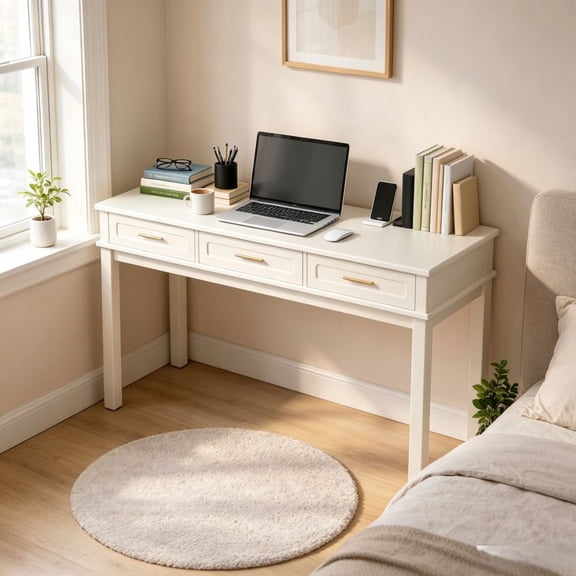MIDOQIN 47" Computer Desk with 3 Drawers, Cream White Writing Desk Table, Modern Study Desk Home Office Desks PC Desk for Bedroom, Apartment, Small Spaces