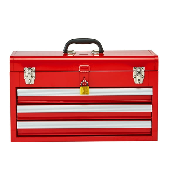 KFFKFF 20.5-Inch Portable Metal Tool Box with 3 Drawers, Small Tool Chest Featuring EVA Liners, Ball-Bearing Slides, Lockable Design, and Powder-Coated Finish, Red Multi-Purpose Organizer