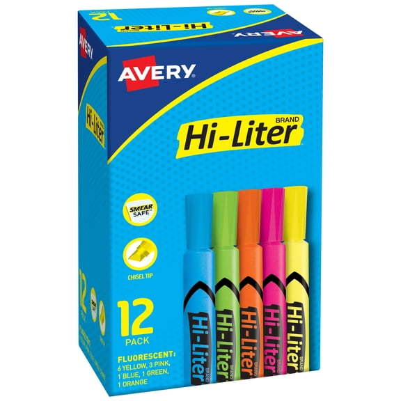 Avery Hi-Liter, Desk-Style, Assorted Colors, 12 Count (98034)