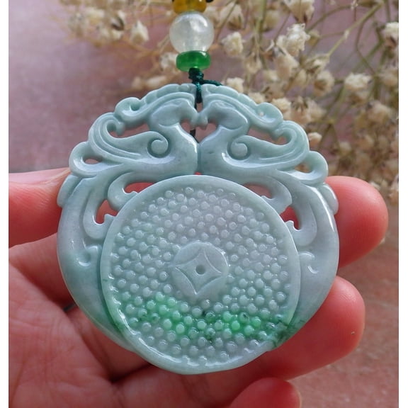 Certified Green Burma 100% Natural A Jade jadeite Pendant Phoenix Coin Circle Necklace 595168 TN