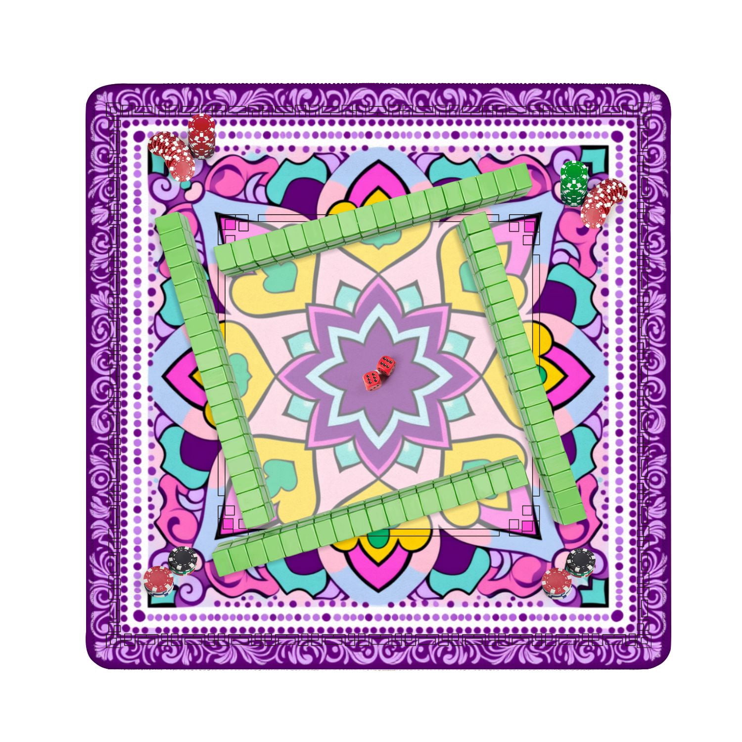 Mahjong Mat 31.5" x 31.5" Colorful Heart Floral Mandala Purple Pink Tones Non-Slip Noise Reduction American Mahjong Tiles Table Cover for Dominoes Poker Card Board Games Gift