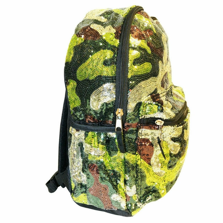 Camo Sequin Backpack Deluxe School Bag or Travel Backpack 16 inches 