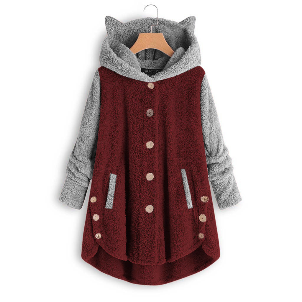 Frostluinai Fleece Jacket For Women Cat Hoodie With Ears Button Down Cardigan Pullover Hoodie Fleece Hooded Sweatshirt Cat Ear Irregular Long Sleeve Warm Winter Oversized Outwear With Pocket Walmart.c...