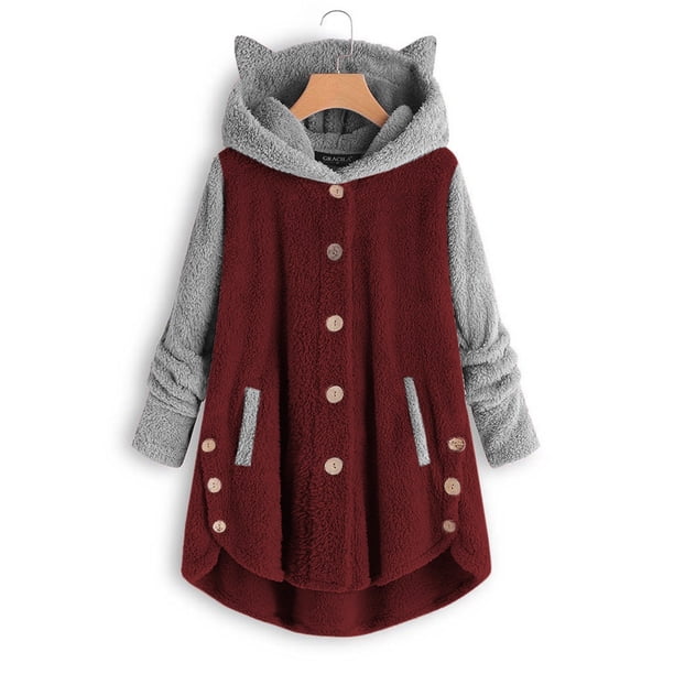 ICHUANYI Clearance Women Button Coat Patchworl Tops Hooded Pullover Loose Sweater Blouse Plus Size(Wine, S) ICHUANYI WER2023081107039