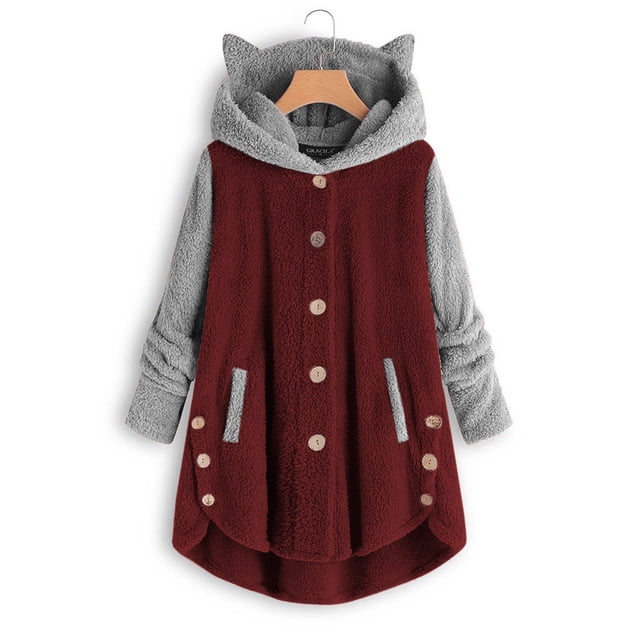 Qertyioot Women Button Coat Patchworl Tops Hooded Pullover Loose Sweater Blouse Plus Size
