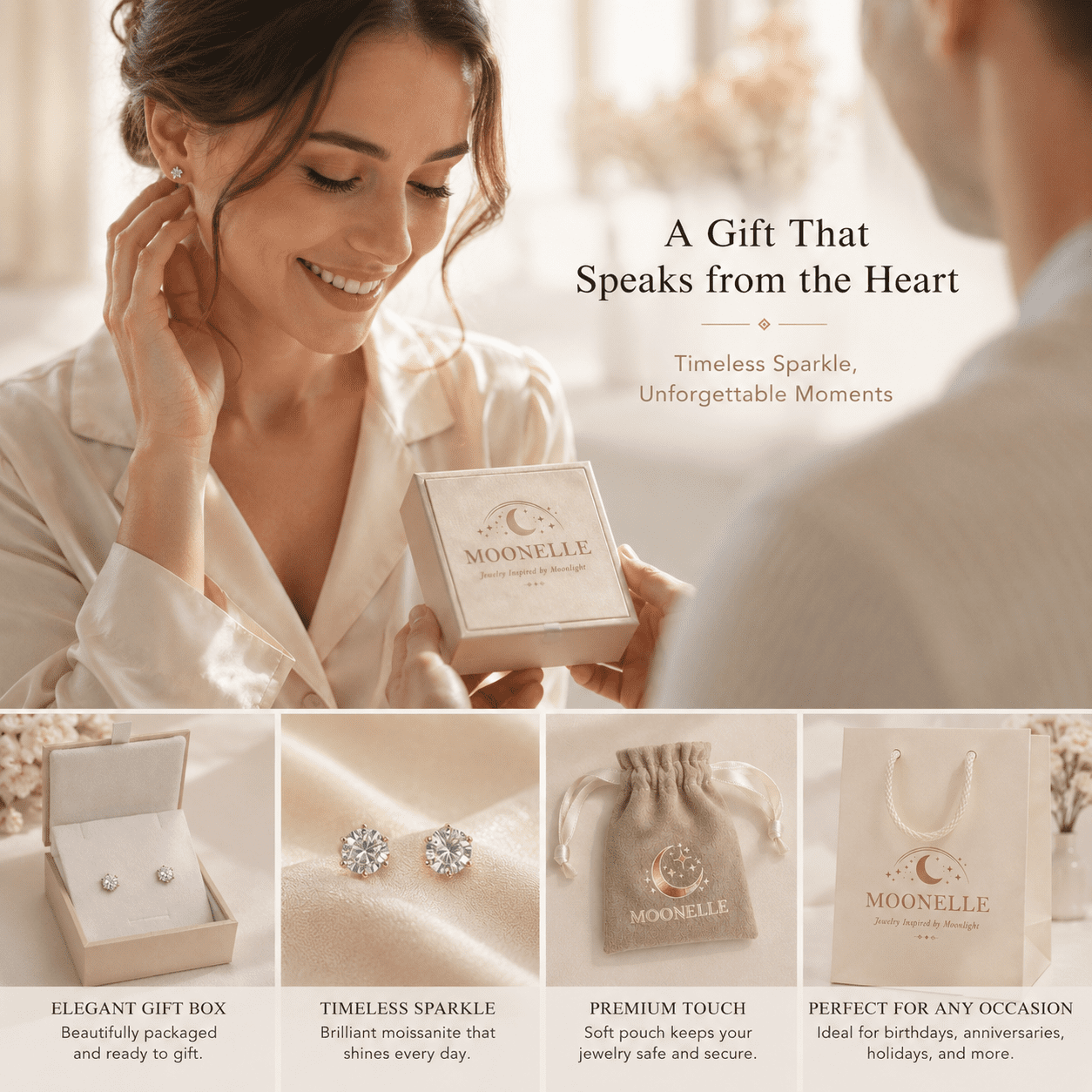 MOONELLE 3Ct Round Cut Moissanite Stud Earrings for Women, 925 Sterling Silver, White Gold Plated
