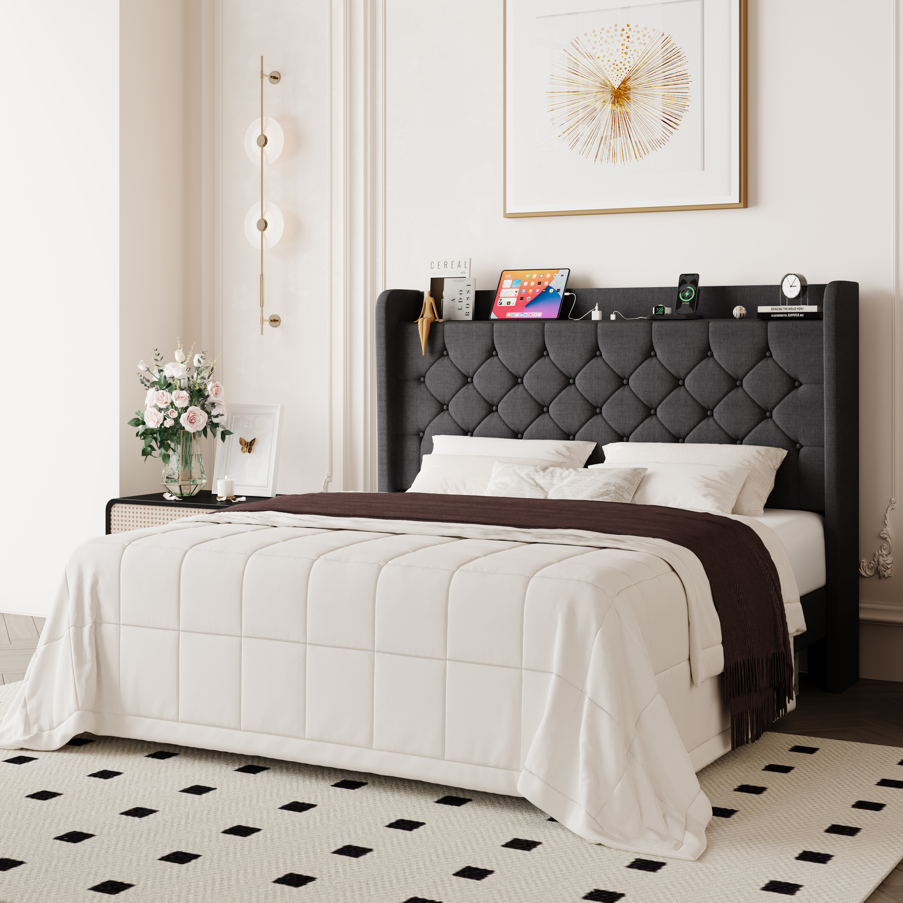 Allewie Full Size Bed Frame, Storage Headboard with Charging Station, Wingback Velvet Upholstered, Diamond Stitched Button Tufted, Sturdy Wooden Slats, No Box Spring Needed, Easy Assembly, Deep Gray