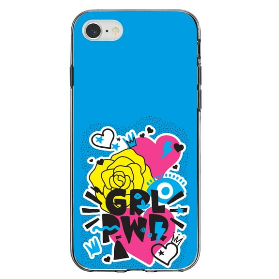 DistinctInk Clear Shockproof Hybrid Case for iPhone 7 8 SE (2020 Model) 4.7" Screen TPU Bumper Acrylic Back Tempered Glass Screen Protector - Girl Power - GRL PWR - Blue, Pink, Yellow