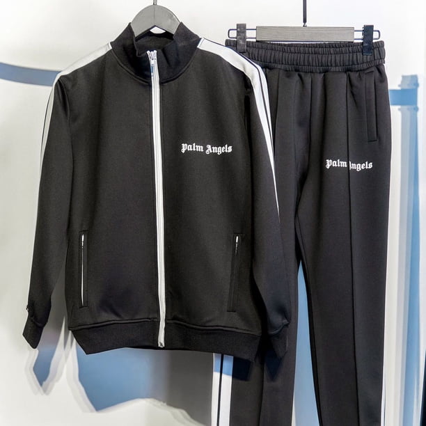 Palm Angels side traje deportivo informal con estampado de letras a rayas en blanco y negro, chaqueta superior para hombreConjunto de letras negras
