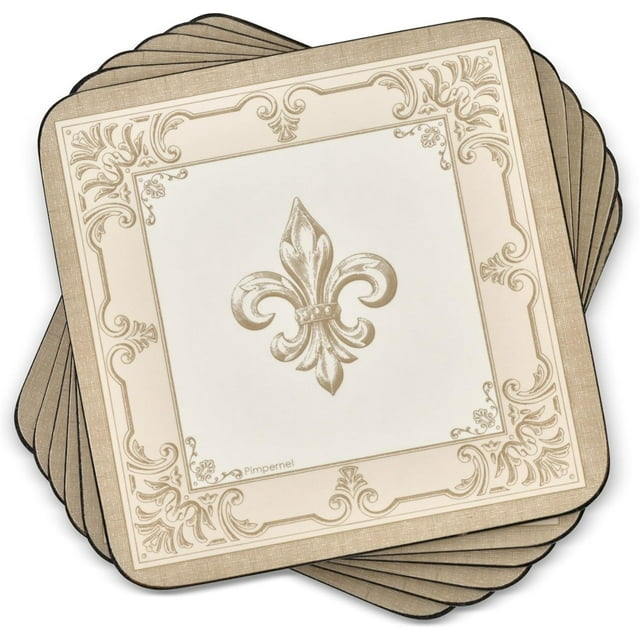 Pimpernel FDC-Fleur de LYS Coasters - Set of 6 (4” x 4”), Cork Backing, Elegant Fleur de LYS Design, Easy to Clean, Stylish Coasters for Dining, Kitchen, & Table Use - Heat & Stain Resistant